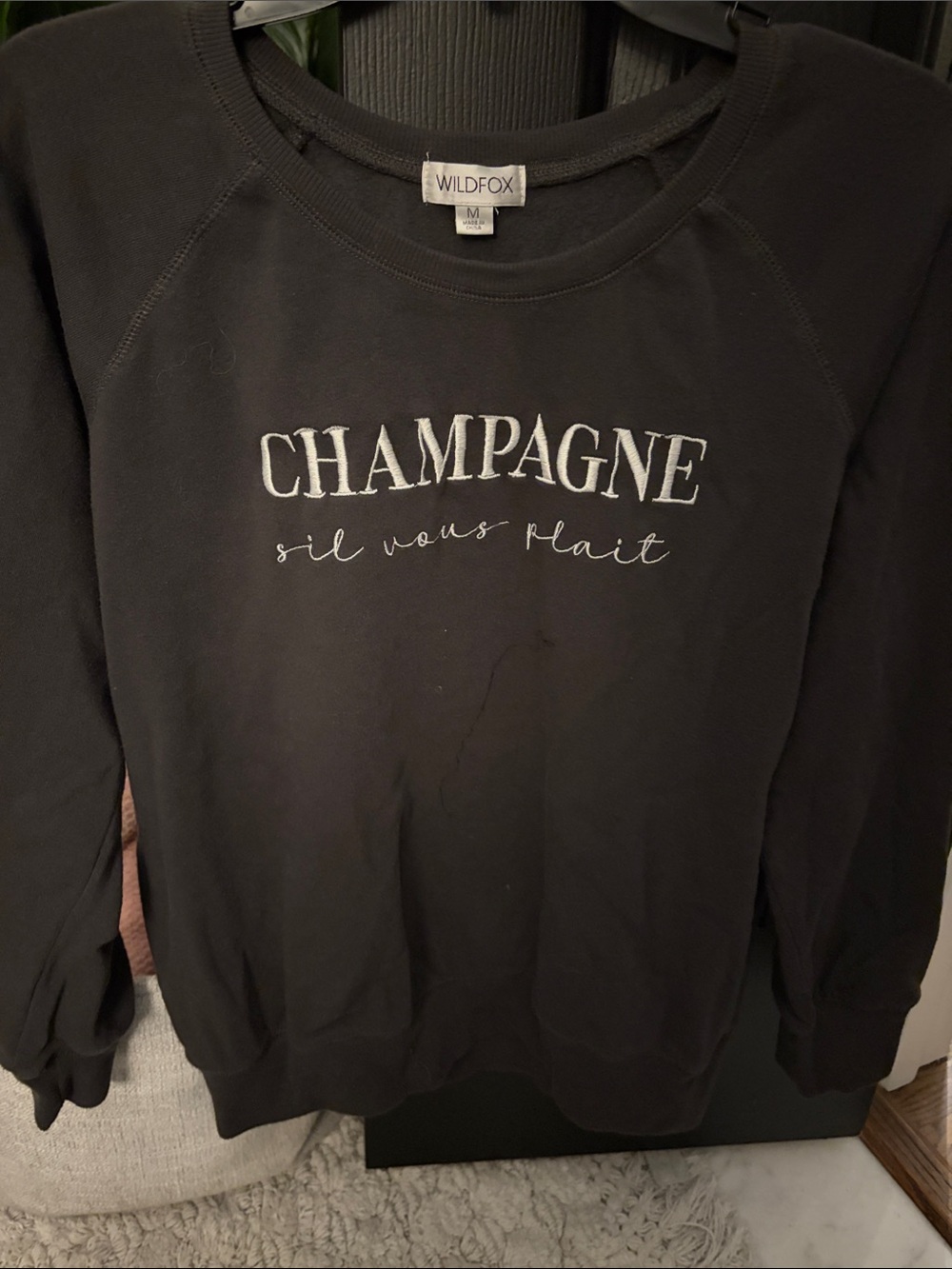 Wildfox Black Sweatshirt with White "CHAMPAGNE s'il vous plaît" Embroidery sz M